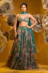 Buy_SONIA BADERIA_Green Skirt Organza Printed Floral Sweetheart Neck Bralette Set _at_Aza_Fashions