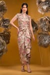 Buy_SONIA BADERIA_Beige Taffeta Printed Floral Mandarin Collar Draped Dress _at_Aza_Fashions