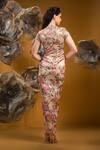 Shop_SONIA BADERIA_Beige Taffeta Printed Floral Mandarin Collar Draped Dress _at_Aza_Fashions