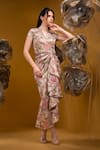 Buy_SONIA BADERIA_Beige Taffeta Printed Floral Mandarin Collar Draped Dress _Online_at_Aza_Fashions