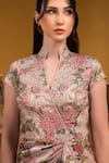 Shop_SONIA BADERIA_Beige Taffeta Printed Floral Mandarin Collar Draped Dress _Online_at_Aza_Fashions