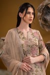 SONIA BADERIA_Beige Chiffon Printed Flower Notched Kurta Set _at_Aza_Fashions