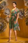 SONIA BADERIA_Green Chiffon Printed Tropical V Neck Swarovski Embellished Dress _Online_at_Aza_Fashions