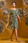 Buy_SONIA BADERIA_Green Chiffon Printed Tropical V Neck Swarovski Embellished Dress _Online_at_Aza_Fashions