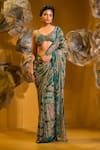 Buy_SONIA BADERIA_Green Chiffon Printed Floral Sweetheart Neck Bloom Saree With Bralette _at_Aza_Fashions