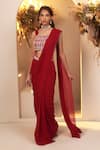 Buy_BAIDEHI_Red Blouse Bamber Silk Embroidery Cutdana And Pre-draped Saree With Floral _at_Aza_Fashions