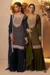 BAIDEHI_Green Kurta Chinon Georgette Embroidery Seuins Round Neck Floret Sharara Set _Online_at_Aza_Fashions