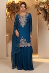 Buy_BAIDEHI_Blue Chinon Georgette Embroidery Dabka Round Neck Ornamental Kurta Sharara Set _at_Aza_Fashions