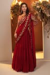 BAIDEHI_Red Georgette Embroidered Cutdana Round Rose Motif Saree Gown _Online_at_Aza_Fashions