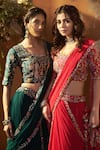 BAIDEHI_Red Blouse Bamber Silk Embroidered Resham Scallop Hem Lehenga Saree With B _Online_at_Aza_Fashions