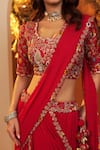 Shop_BAIDEHI_Red Blouse Bamber Silk Embroidered Resham Scallop Hem Lehenga Saree With B _Online_at_Aza_Fashions