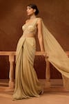 Buy_SAANJH BY LEA_Gold Soft Luxe Fabric Embroidery Floral Sweetheart Pre-draped Saree Gown _Online_at_Aza_Fashions