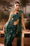 SAANJH BY LEA_Green Luxe Mesh And Felt Fabric Embroidery Floral Pre-draped Saree With Blouse _Online_at_Aza_Fashions