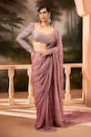 SAANJH BY LEA_Pink Luxe Armani Satin Embroidery Beads Sequin Pre-draped Saree With Blouse _Online_at_Aza_Fashions