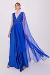 Buy_RAISHMA_Blue Satin Embroidery Sequins V-neck Anaya Draped Gown _at_Aza_Fashions