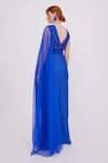 Shop_RAISHMA_Blue Satin Embroidery Sequins V-neck Anaya Draped Gown _at_Aza_Fashions