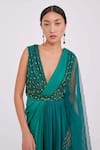 RAISHMA_Green Satin Embroidery Sequins V-neck Anaya Pleats Draped Gown _Online_at_Aza_Fashions