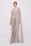 Buy_RAISHMA_Grey Satin Embroidery Sequins Square Esha Floral Draped Gown _at_Aza_Fashions