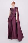 Buy_RAISHMA_Burgundy Satin Embroidery Floral Round Anika Draped Gown _at_Aza_Fashions