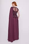 Shop_RAISHMA_Burgundy Satin Embroidery Floral Round Anika Draped Gown _at_Aza_Fashions