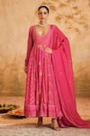 Buy_Blooming Threads_Pink Anarkali Cotton Silk Hand Embroidered Floral Leaf Jaal Print Set _Online_at_Aza_Fashions