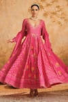 Blooming Threads_Pink Anarkali Cotton Silk Hand Embroidered Floral Leaf Jaal Print Set _at_Aza_Fashions