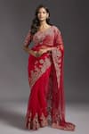 Buy_MAISOLOS_Maroon Net Hand Embroidered Mirror Leaf Saree With Blouse _at_Aza_Fashions