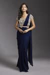 Buy_MAISOLOS_Blue Blouse And Belt Net Hand Embroidered Rose Round Solid Pre-draped Saree With _at_Aza_Fashions