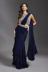 Buy_MAISOLOS_Blue Blouse And Belt Net Hand Embroidered Solid Pre-draped Ruffle Saree With _at_Aza_Fashions