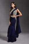 Shop_MAISOLOS_Blue Blouse And Belt Net Hand Embroidered Solid Pre-draped Ruffle Saree With _at_Aza_Fashions