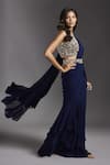 MAISOLOS_Blue Blouse And Belt Net Hand Embroidered Solid Pre-draped Ruffle Saree With _Online_at_Aza_Fashions