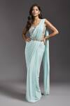 Buy_MAISOLOS_Blue Blouse Net Hand Embroidered Floral Square Solid Pre-draped Saree With _at_Aza_Fashions