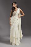 Buy_MAISOLOS_Ivory Blouse And Belt Net Hand Embroidered Solid Ruffle Pre-draped Saree With _at_Aza_Fashions