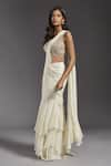 MAISOLOS_Ivory Blouse And Belt Net Hand Embroidered Solid Ruffle Pre-draped Saree With _Online_at_Aza_Fashions