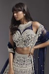 Shop_MAISOLOS_Blue Net Hand Embroidered Bead High Neck Floral Veil Lehenga Set _Online_at_Aza_Fashions