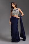 Buy_MAISOLOS_Blue Saree Georgette Hand Embroidered Bead High Ruffle Pre-draped With Blouse _at_Aza_Fashions