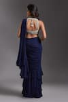 Shop_MAISOLOS_Blue Saree Georgette Hand Embroidered Bead High Ruffle Pre-draped With Blouse _at_Aza_Fashions