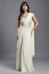 Buy_MAISOLOS_Ivory Saree And Belt Georgette Hand Embroidered Bead Pre-draped With Blouse _at_Aza_Fashions