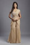 Buy_MAISOLOS_Beige Net Hand Embroidered Floral Solid Pre-draped Sharara Saree With Blouse _at_Aza_Fashions