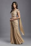 MAISOLOS_Beige Net Hand Embroidered Floral Solid Pre-draped Sharara Saree With Blouse _Online_at_Aza_Fashions