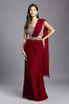 Buy_MAISOLOS_Maroon Blouse And Belt Net Hand Embroidered Floral V Neck Pre-draped Saree With _at_Aza_Fashions