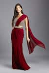 MAISOLOS_Maroon Blouse And Belt Net Hand Embroidered Floral V Neck Pre-draped Saree With _Online_at_Aza_Fashions