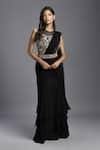 Buy_MAISOLOS_Black Saree Georgette Hand Embroidered Ruffle Detailed Pre-draped With Blouse _at_Aza_Fashions