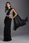 MAISOLOS_Black Saree Georgette Hand Embroidered Ruffle Detailed Pre-draped With Blouse _Online_at_Aza_Fashions