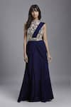 Buy_MAISOLOS_Blue Blouse Net Hand Embroidered Floral Halter Tiered Pre-draped Saree With _at_Aza_Fashions