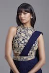 Buy_MAISOLOS_Blue Blouse Net Hand Embroidered Floral Halter Tiered Pre-draped Saree With _Online_at_Aza_Fashions