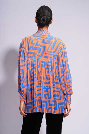Shop_Shruti S_Orange Georgette Abstract Print Tie-up Neckline Shirt _at_Aza_Fashions