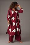 KHAT_Maroon Poplin Cotton Printed Garden Collar Grace Kurta And Flared Pant Set _at_Aza_Fashions