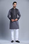 Char Chaand_Grey Linen Satin Embroidery Thread Kurta _Online_at_Aza_Fashions