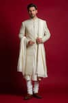 Buy_Char Chaand_Ivory Silk Embroidery Gota Sherwani Set _at_Aza_Fashions